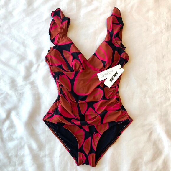 DKNY Flutter Sleeve One Piece Shirred Swimsuit Women's Small S Multicolor NWT - Picture 1 of 9